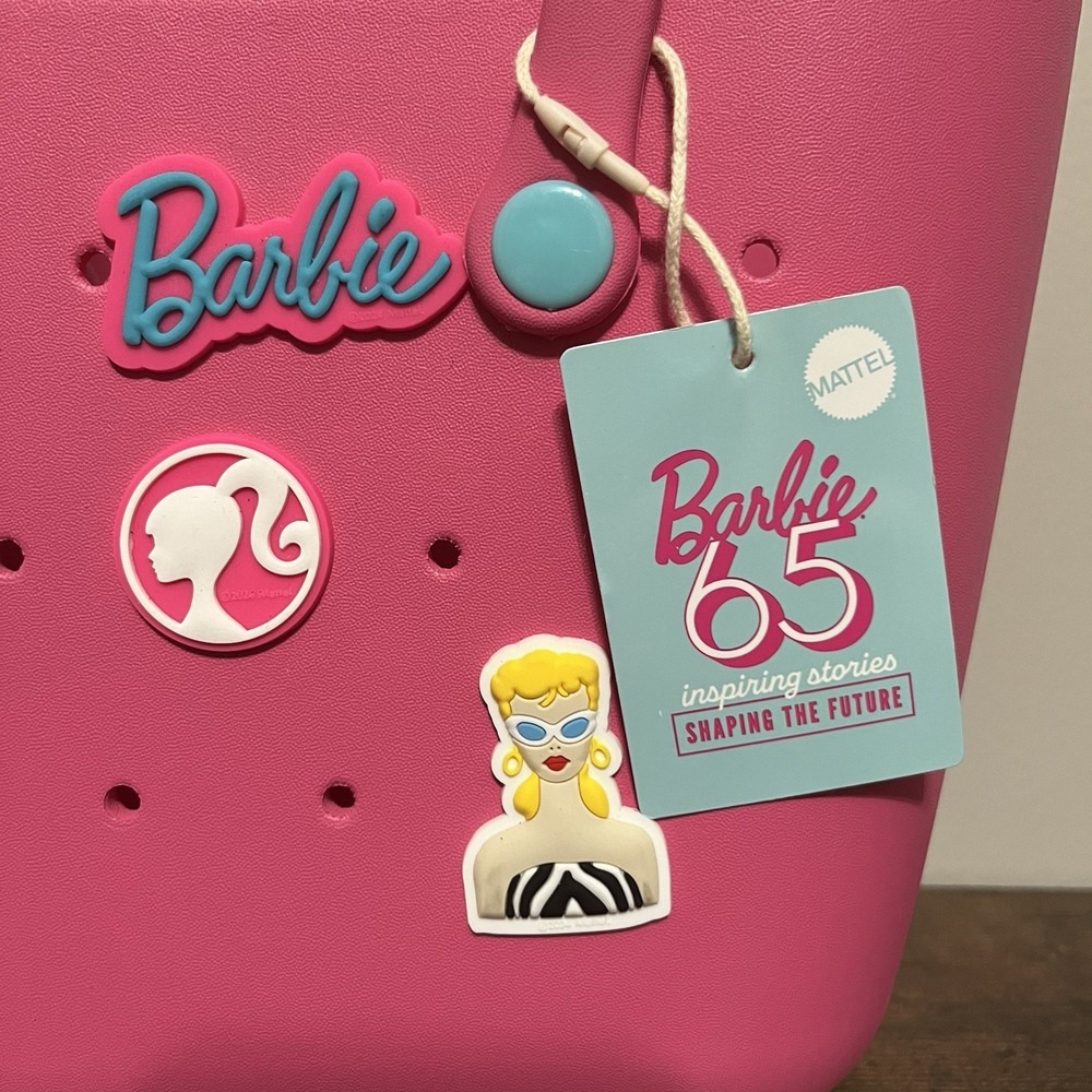 Barbie 65th Anniv Miniso Bogg Style Eva Tote Beach Lunch Pink Bag With Charms - Picture 4 of 14